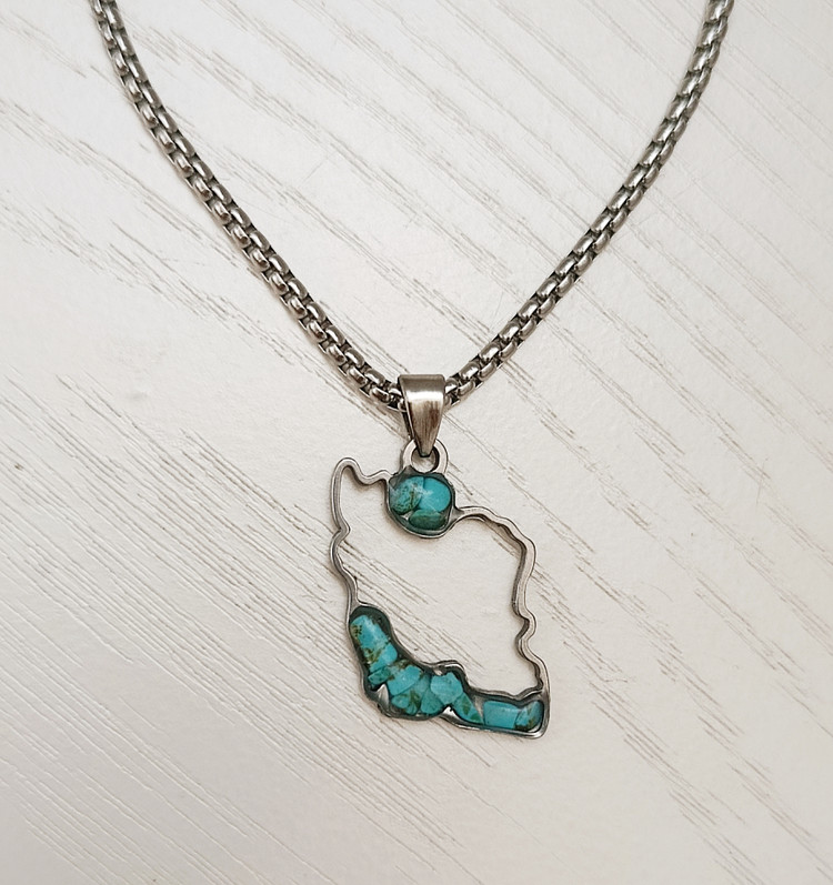 گردنبند استیل فیروزه طرح نقشه ایران 2/5cm ضخامت یک میل