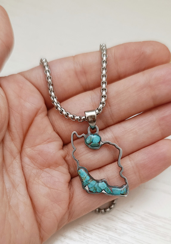 گردنبند استیل فیروزه طرح نقشه ایران 2/5cm ضخامت یک میل
