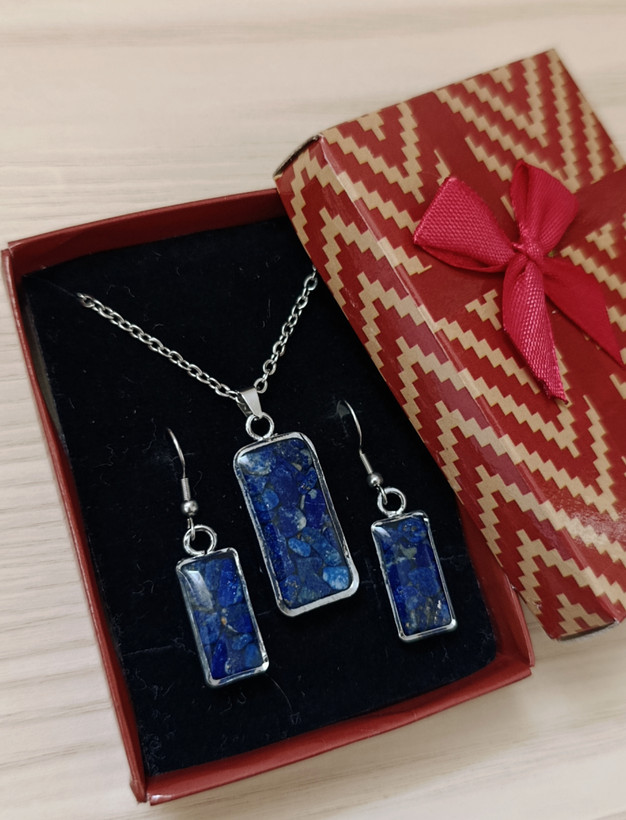 ست گوشواره و گردنبند مستطیل لاجورد فریم استیل ( همراه جعبه کادویی)
