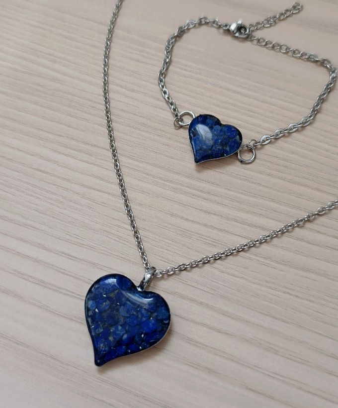 ست دستبند و گردنبند قلبی لاجورد فریم استیل ( همراه جعبه کادویی)