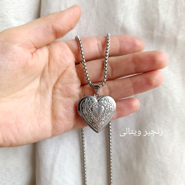 گردنبند لاکت استیل نقره ای قلبی+ چاپ عکس