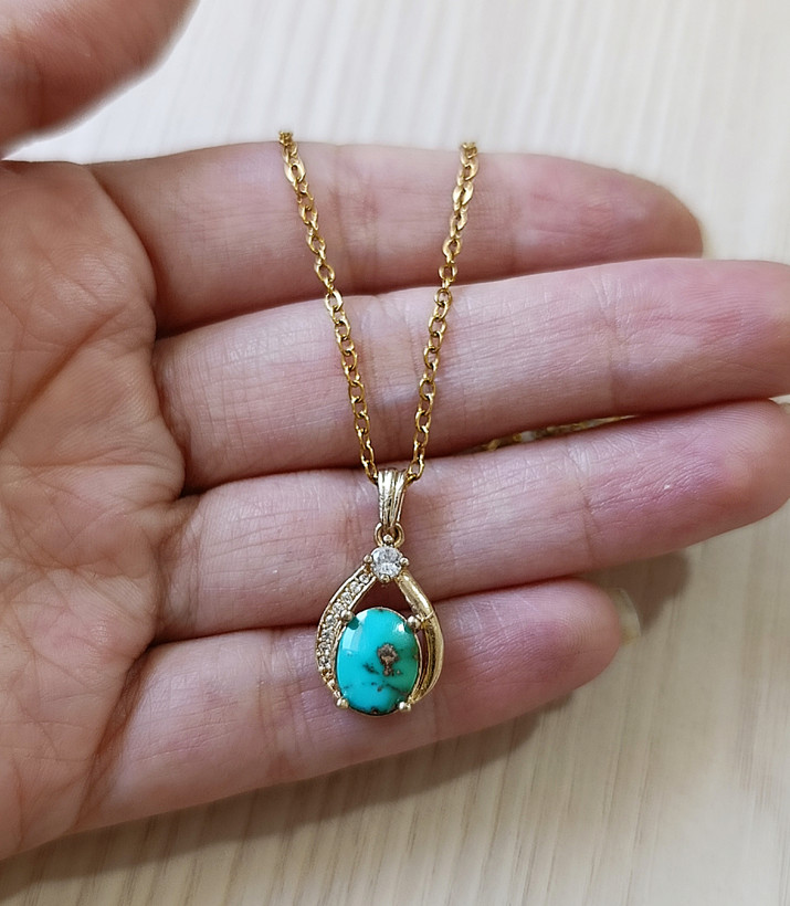 گردنبند زنانه فیروزه نیشابور اصل با رکاب طلا روس رنگ ثابت