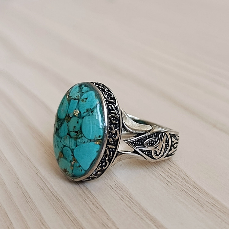 انگشتر مردانه فیروزه با( رکاب روکش نقره) سیاه قلم طرح قلم زنی محرمی کد ۰۱۳